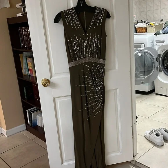 Balmain | Dresses | Balmain Green Gown With Slit | Poshmark